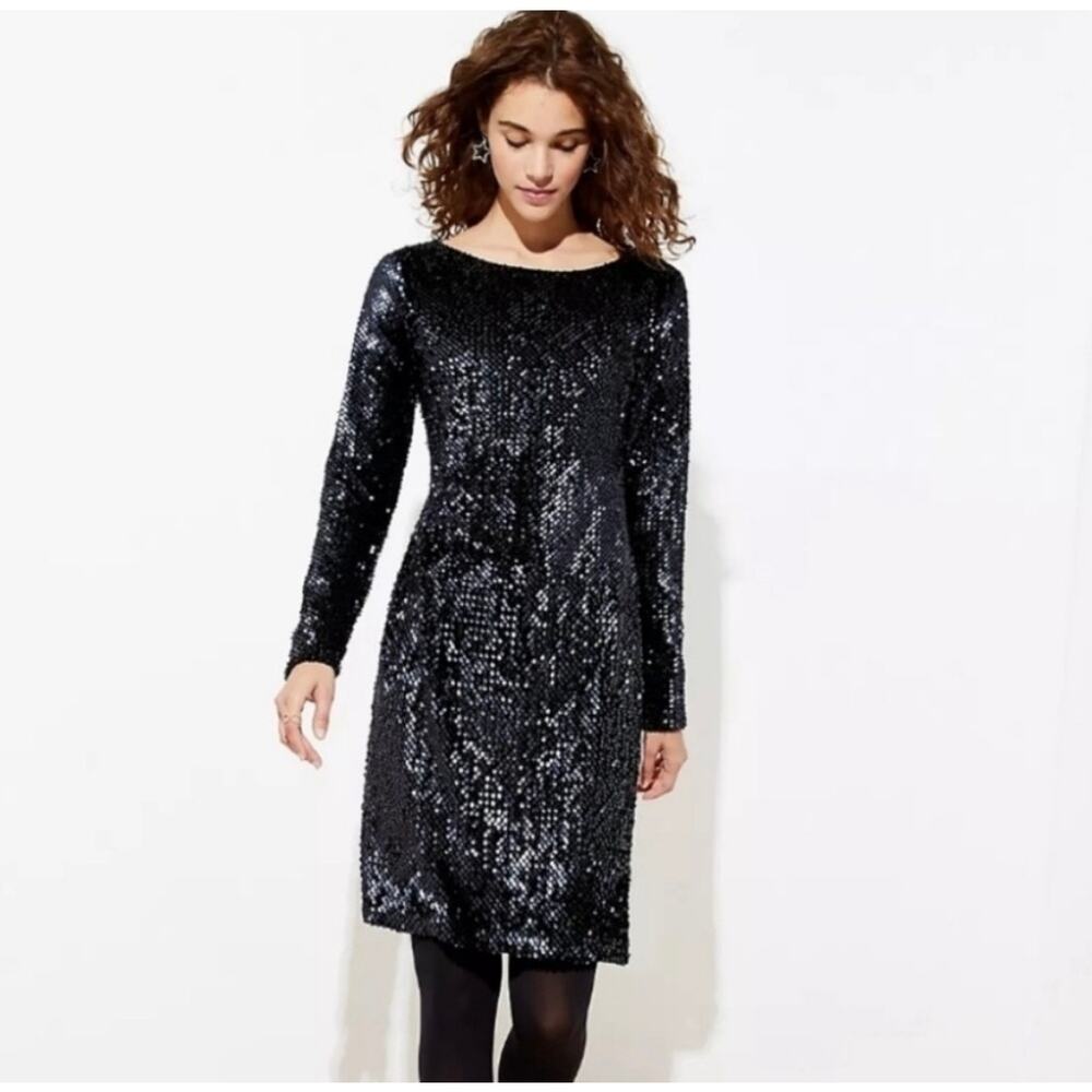 LOFT Ann Taylor Sequin Dress Midnight Blue Black Size 6P Petite Long Sleeve NEW